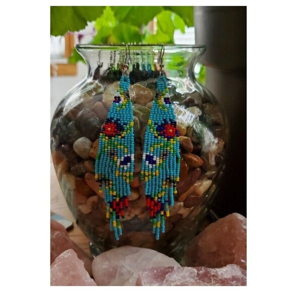 Handcrafted Beaded Dangle Earrings Boho Floral Beaded Fringe Cottage core - Picture 2 of 2